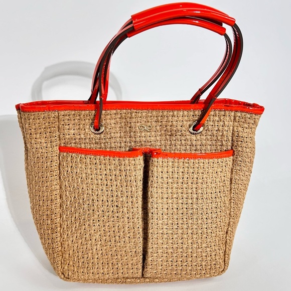 Anya Hindmarch Orange Patent Leather Trim Woven Beach Tote - Picture 3 of 13